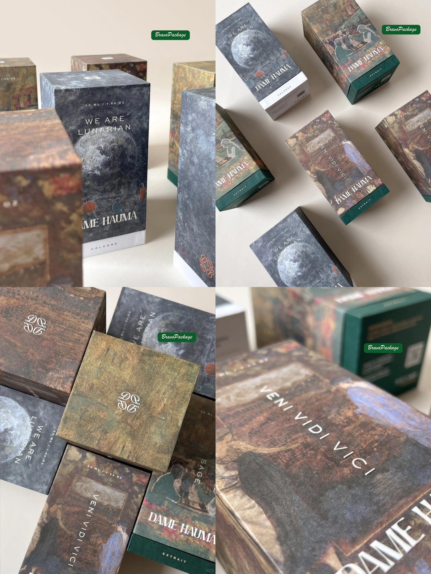 Gallery-Style Perfume Lid and Base Box packaging collage