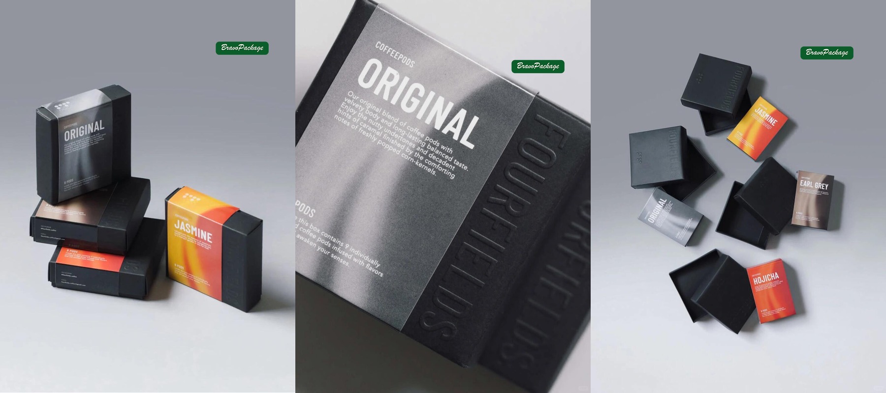 Gradient Coffee Pod Box with Strong Shelf Contrast packaging collage