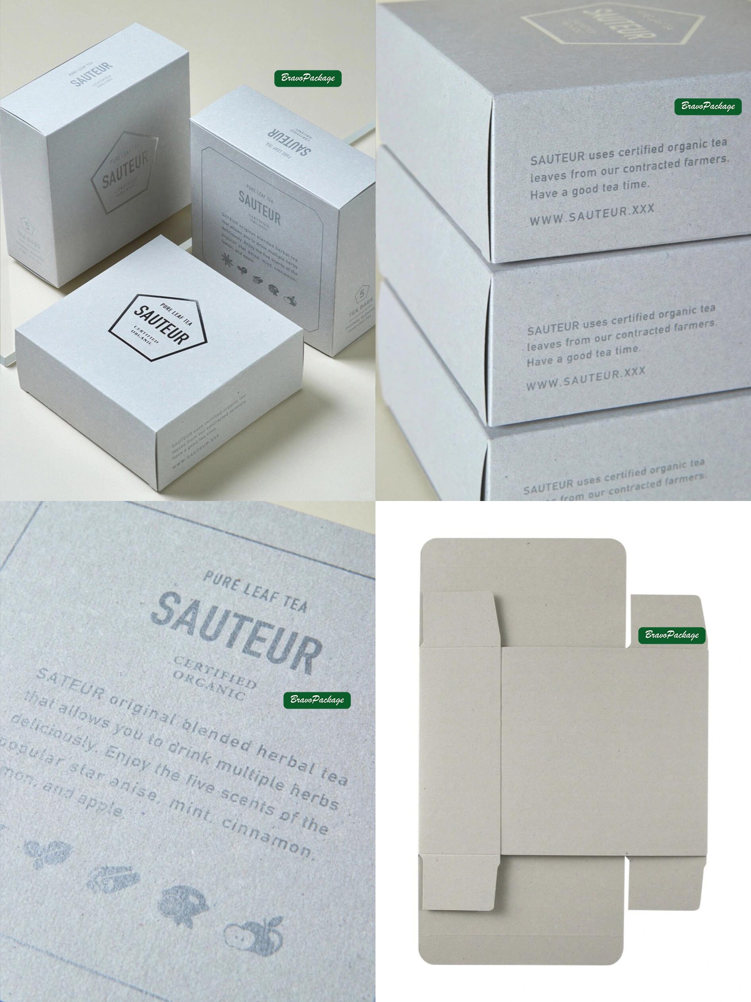 Organic Tea Box with Foil Stamping and Paper Texture packaging collage