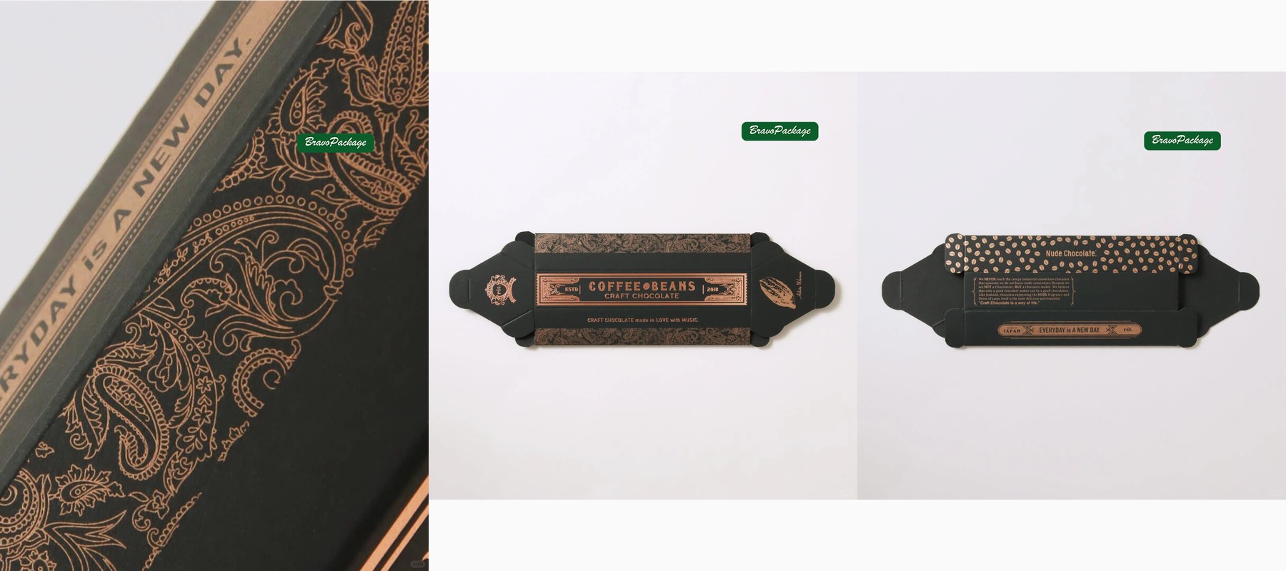 Vintage Coffee Bean Box with Foil and Embossed Pattern packaging collage