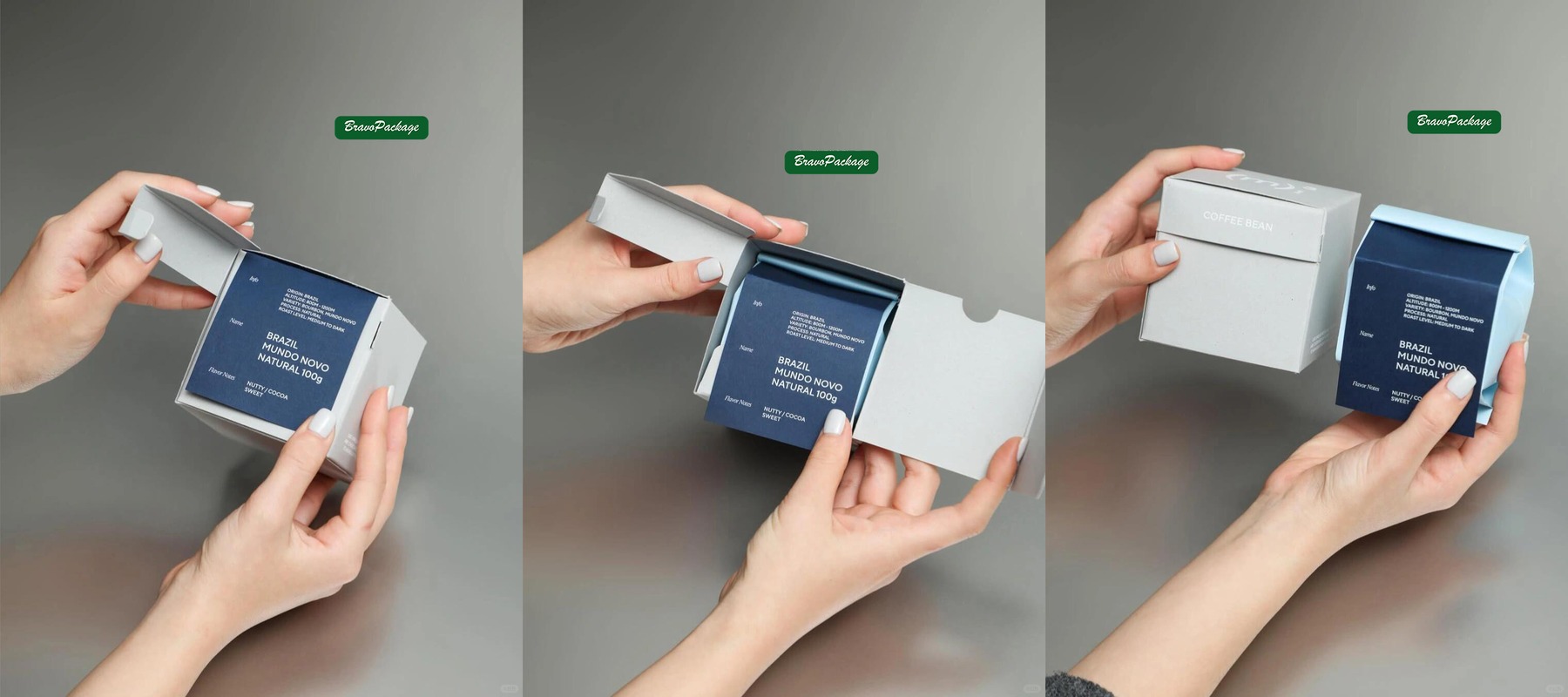 Compact Coffee Carton with Handheld Opening Experience packaging collage