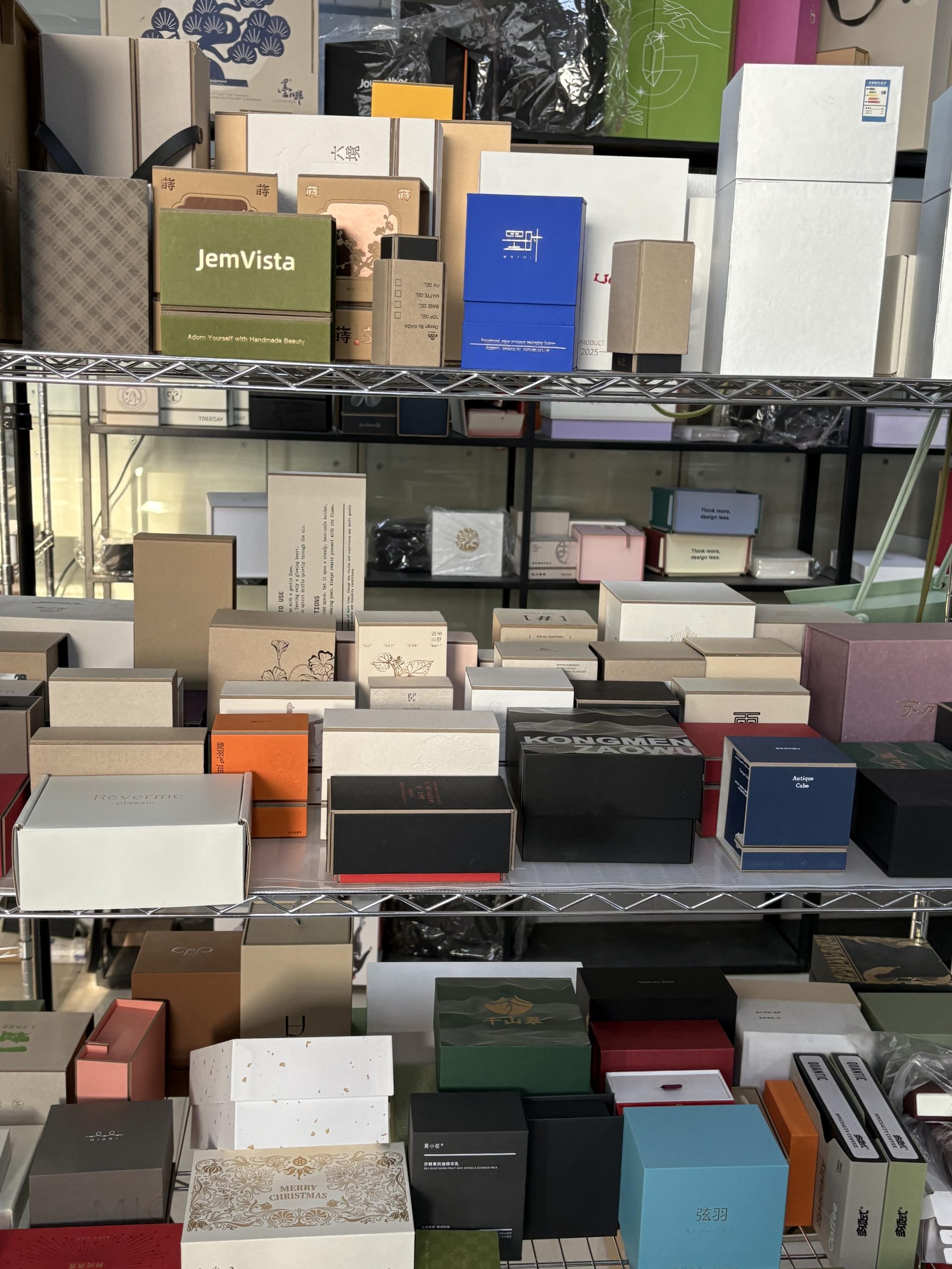 Sample shelves at the Bravo Packaging factory