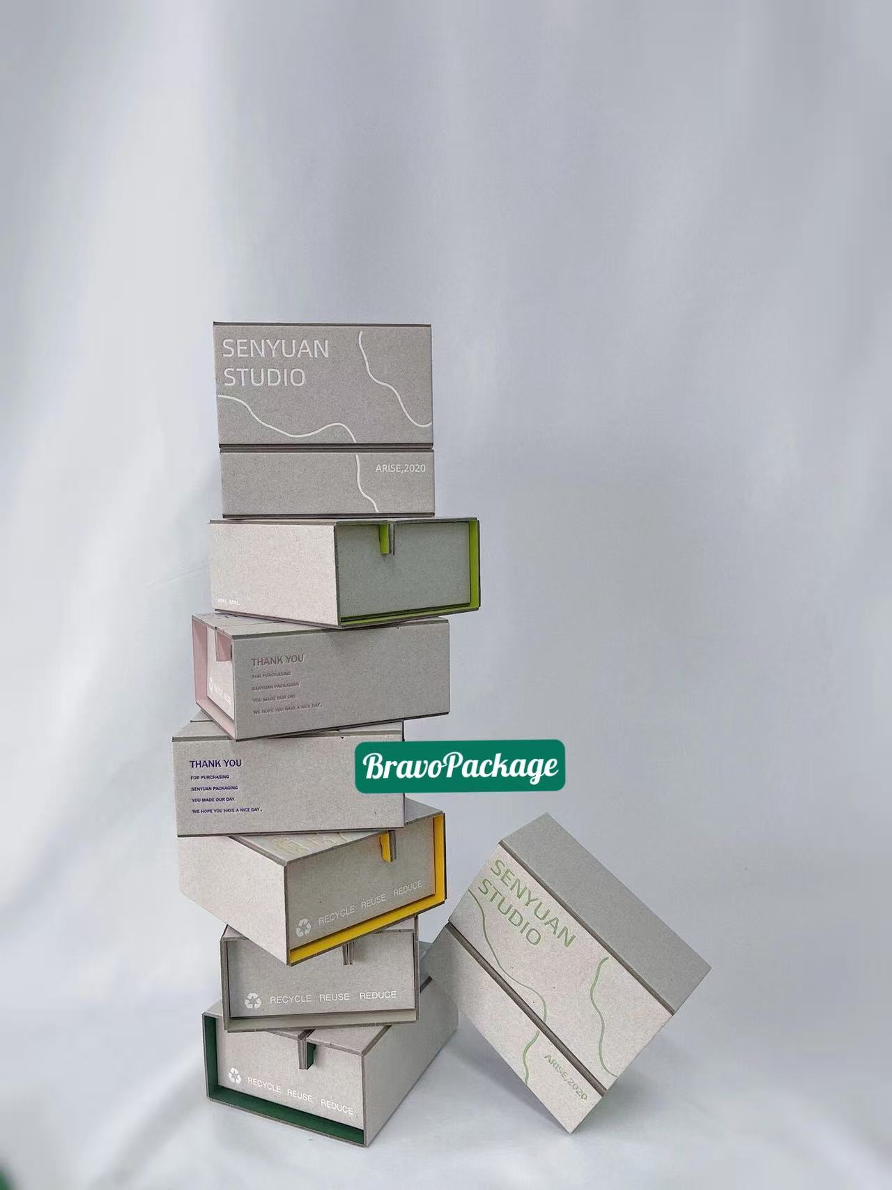 Recycled kraft drawer boxes stacked