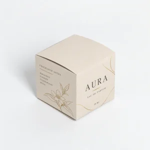 Beige folding perfume carton box with botanical line artwork
