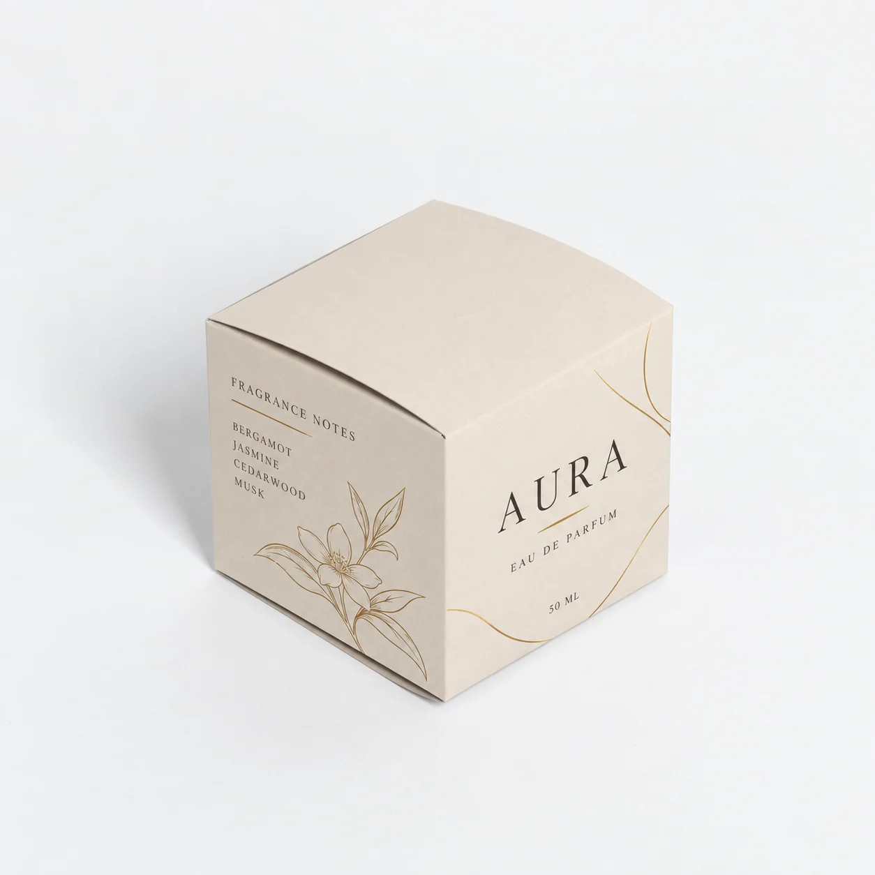 Beige folding perfume carton box with botanical artwork