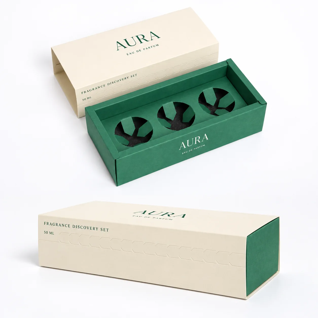 Beige green sliding perfume set with fitted insert