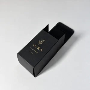 Closed black folding perfume carton with gold printing