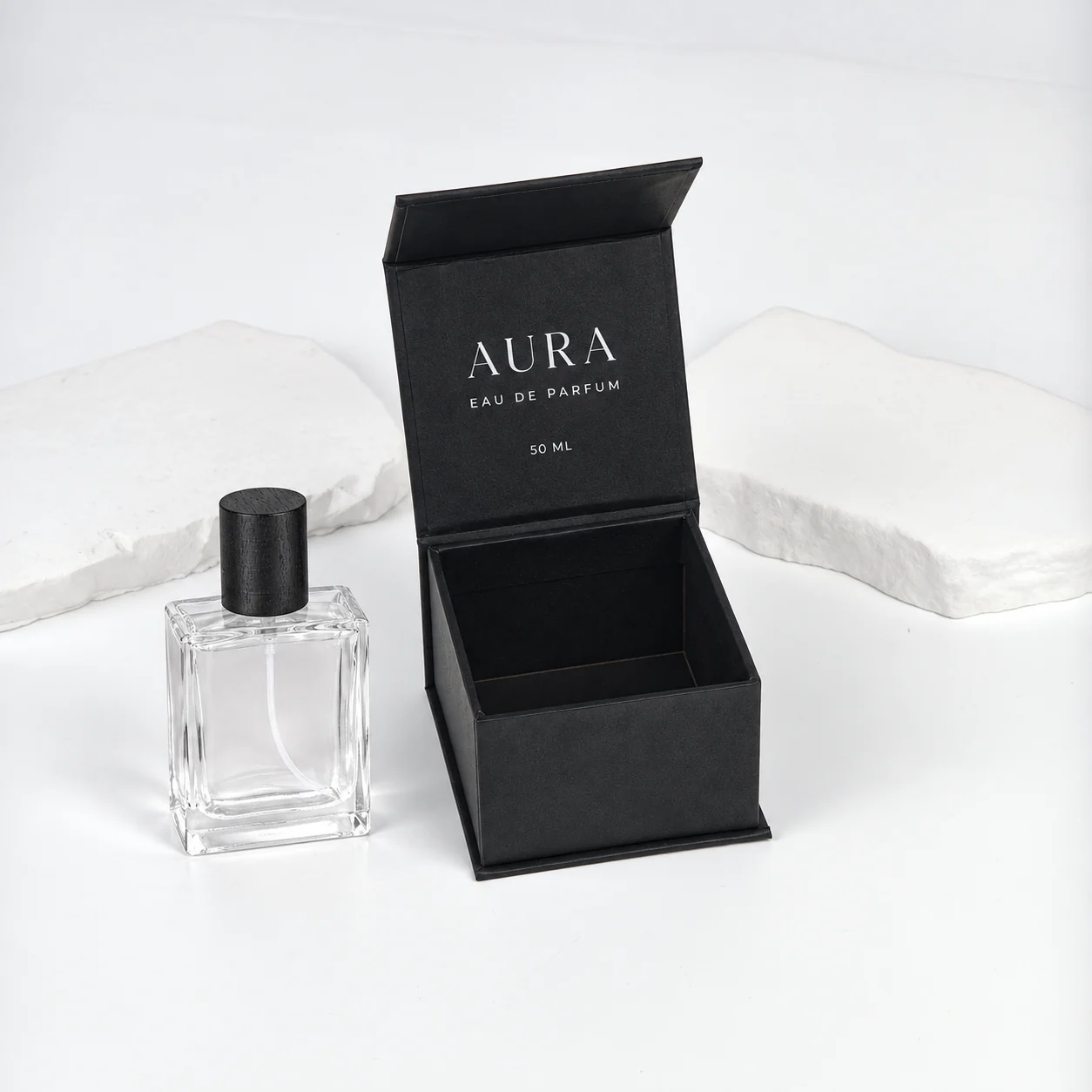 Black magnetic rigid perfume box with bottle