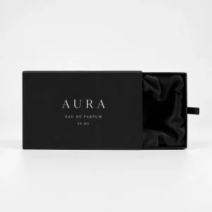 Black satin rigid drawer perfume box partially open