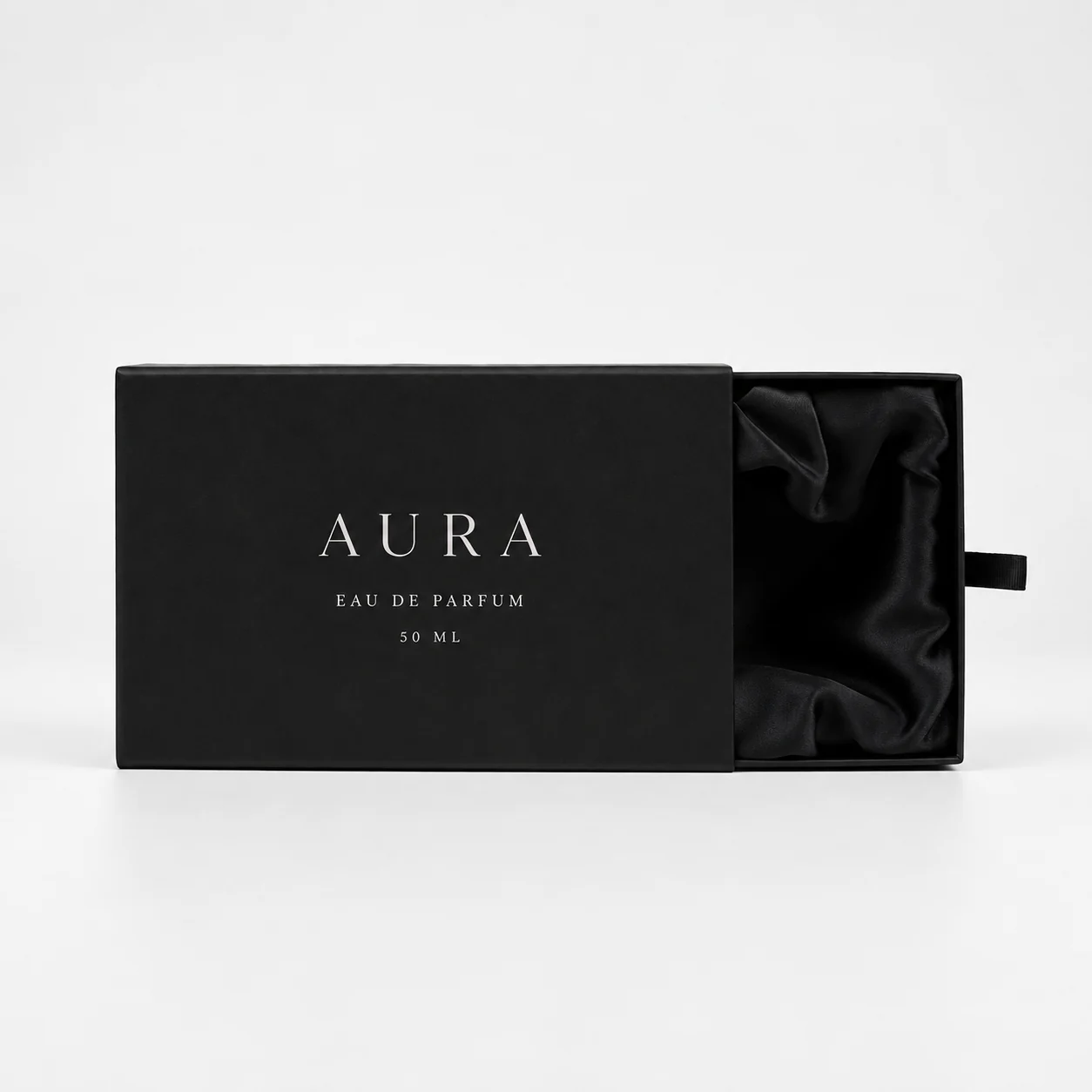 Black satin rigid drawer perfume box partially open