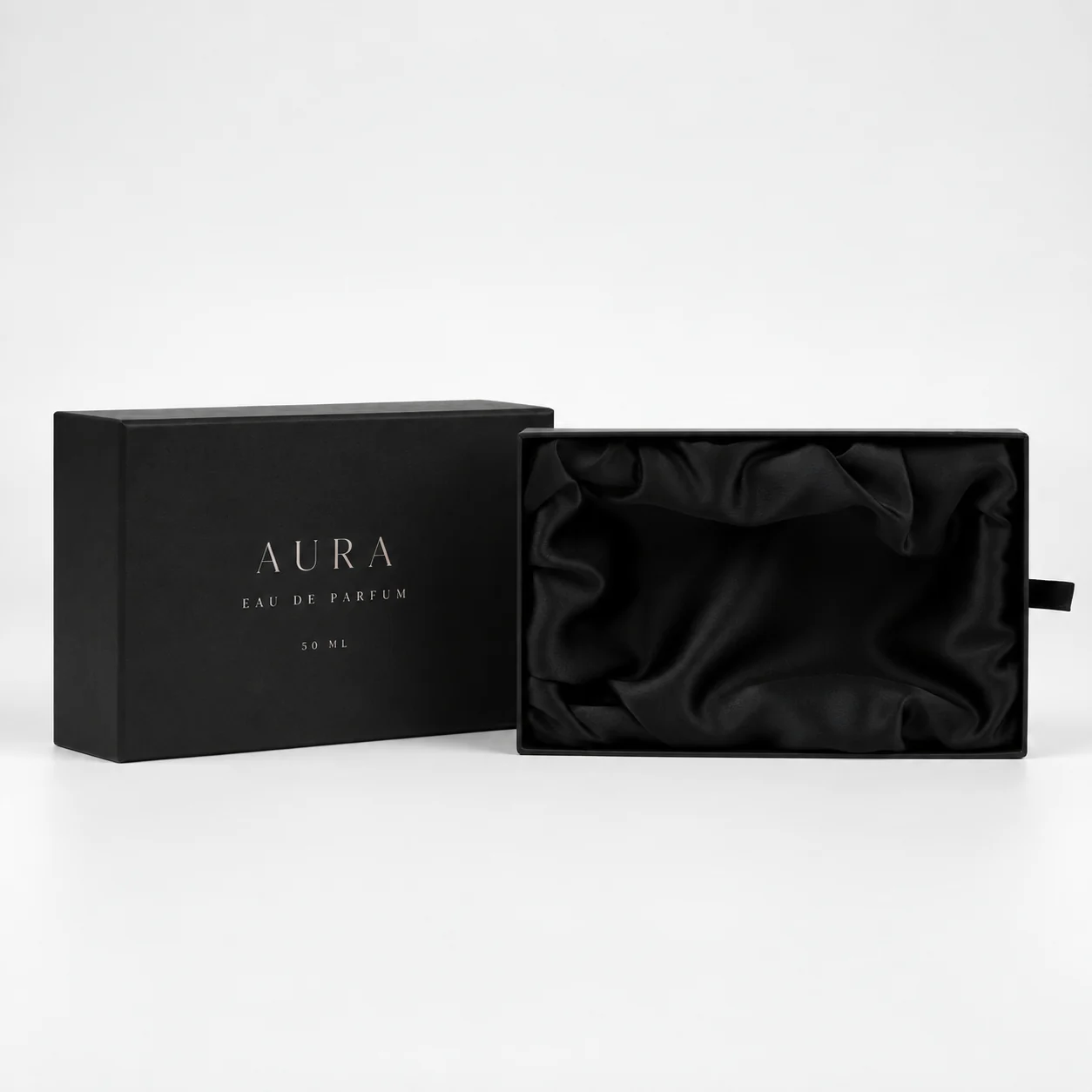 Open black rigid drawer perfume box with satin lining