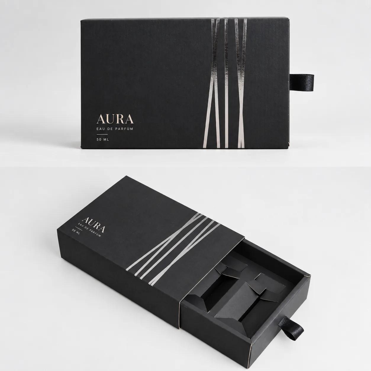 Black silver sliding perfume box with ribbon pull tray