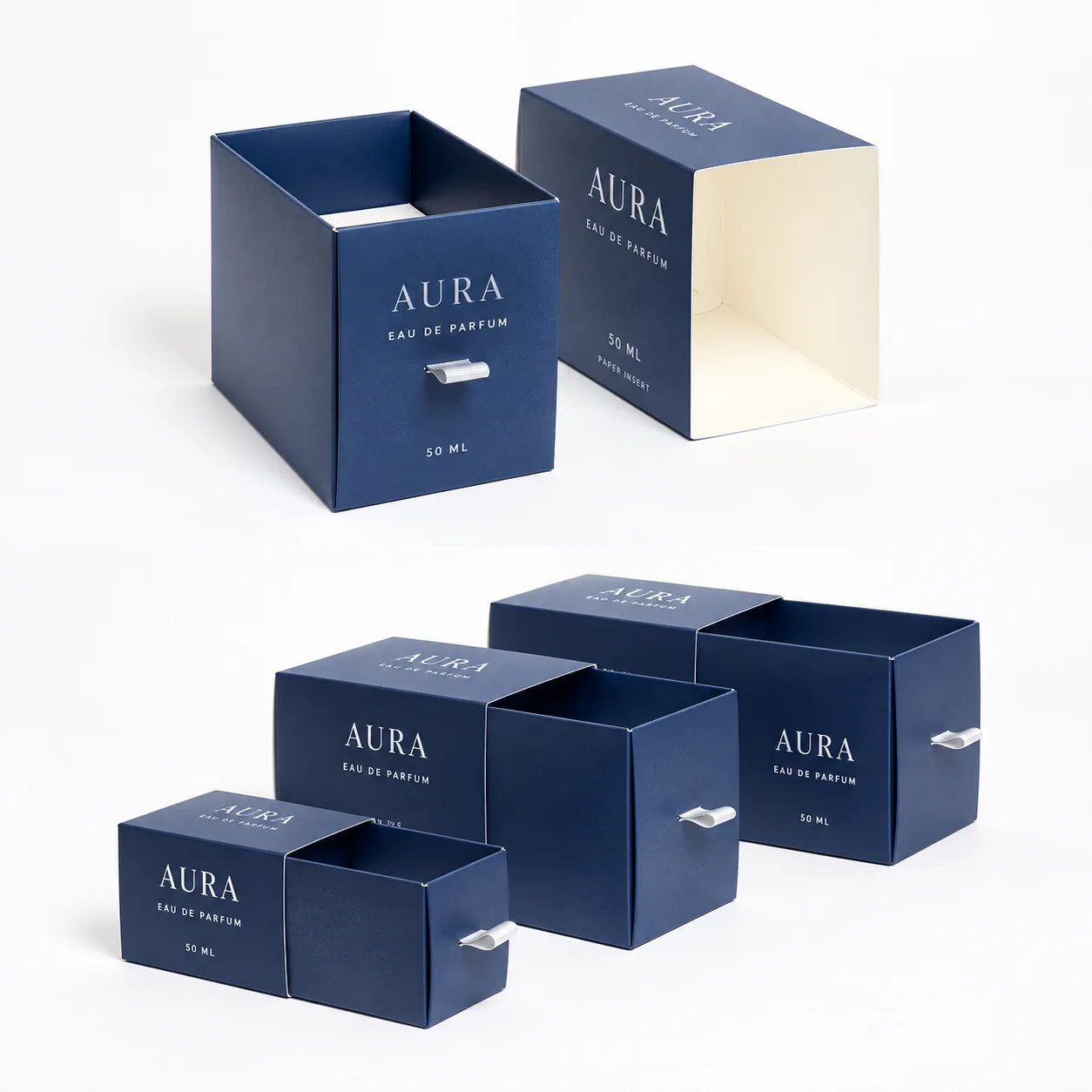 Blue paper insert sliding perfume box