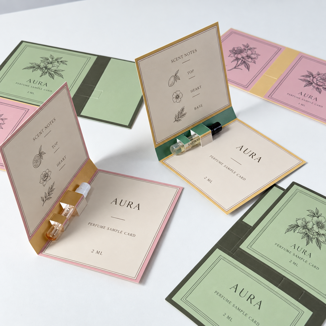 Colorful botanical folding perfume sample cards with 2ml vials