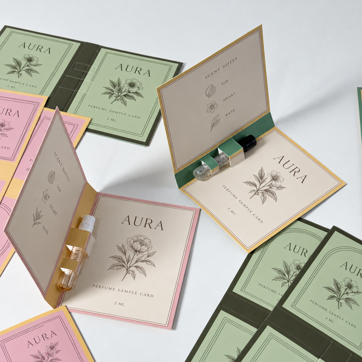 Open botanical perfume sample cards with fitted vial holders