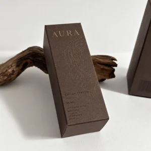 Brown specialty paper perfume carton box with embossed artwork