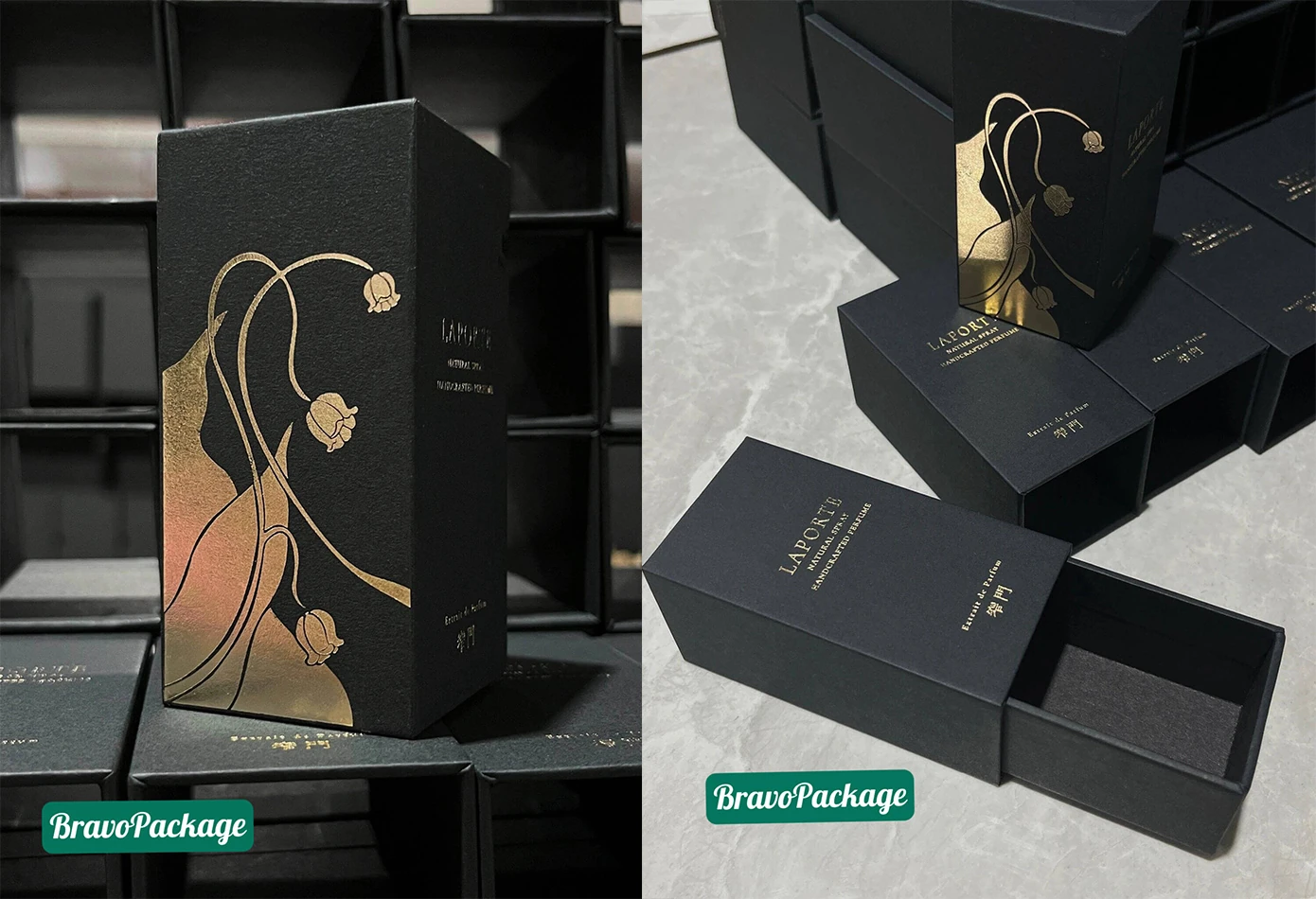 Luxury Black Candle Packaging Drawer Box with Gold Foil Details