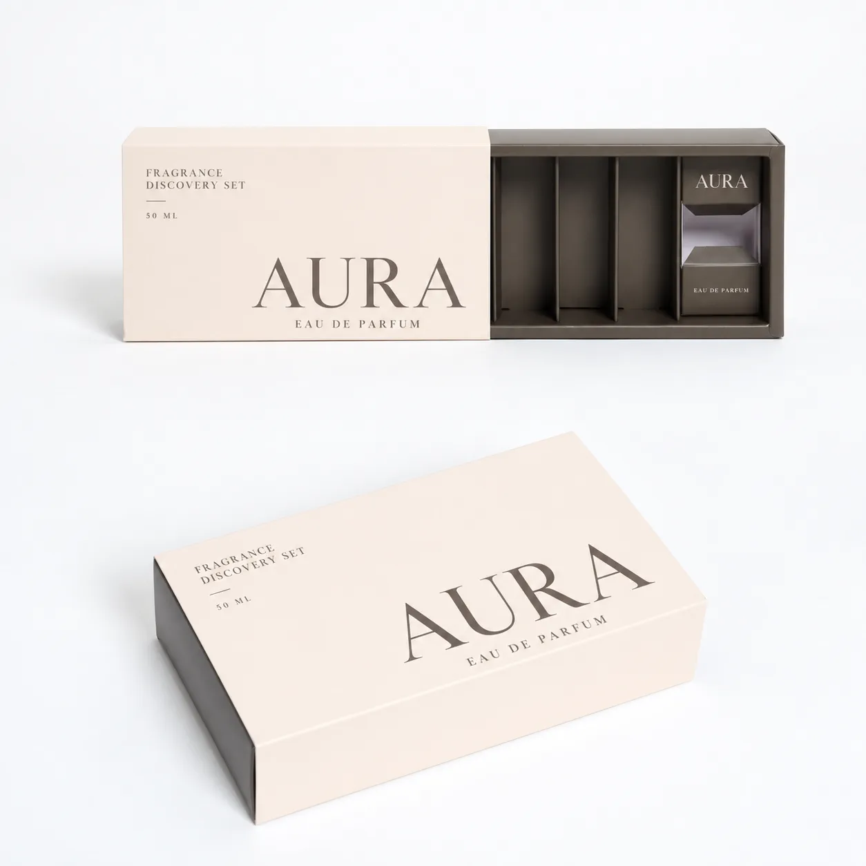 Cream taupe sliding perfume discovery set with fitted insert