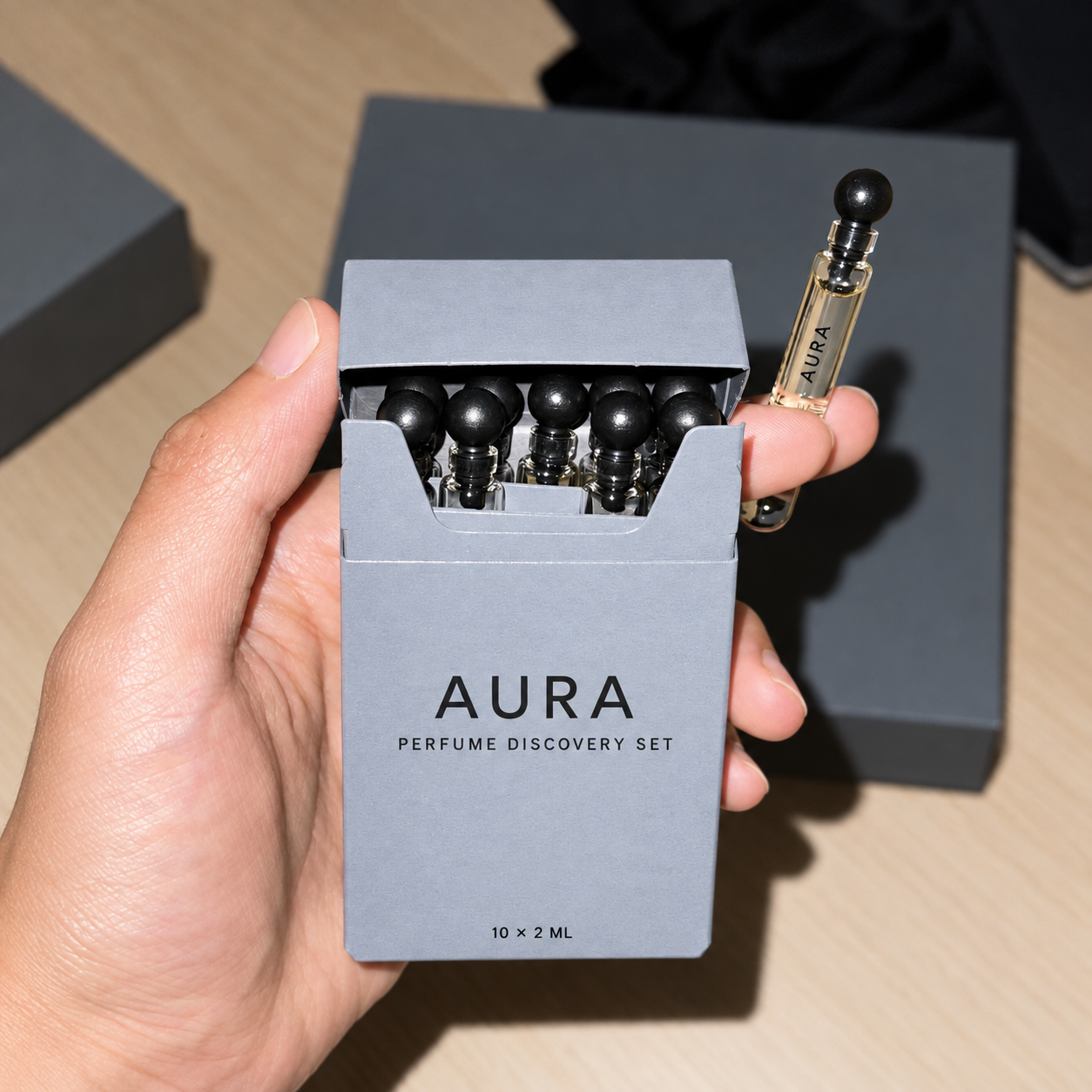 Open gray flip-top perfume discovery set box with ten sample vials