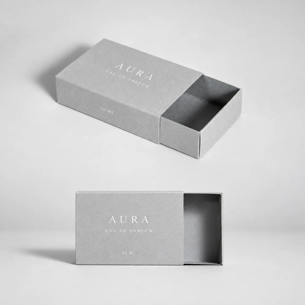 Gray sliding perfume box with pull-out tray