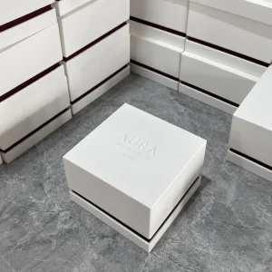 Ivory and burgundy lid and base perfume box