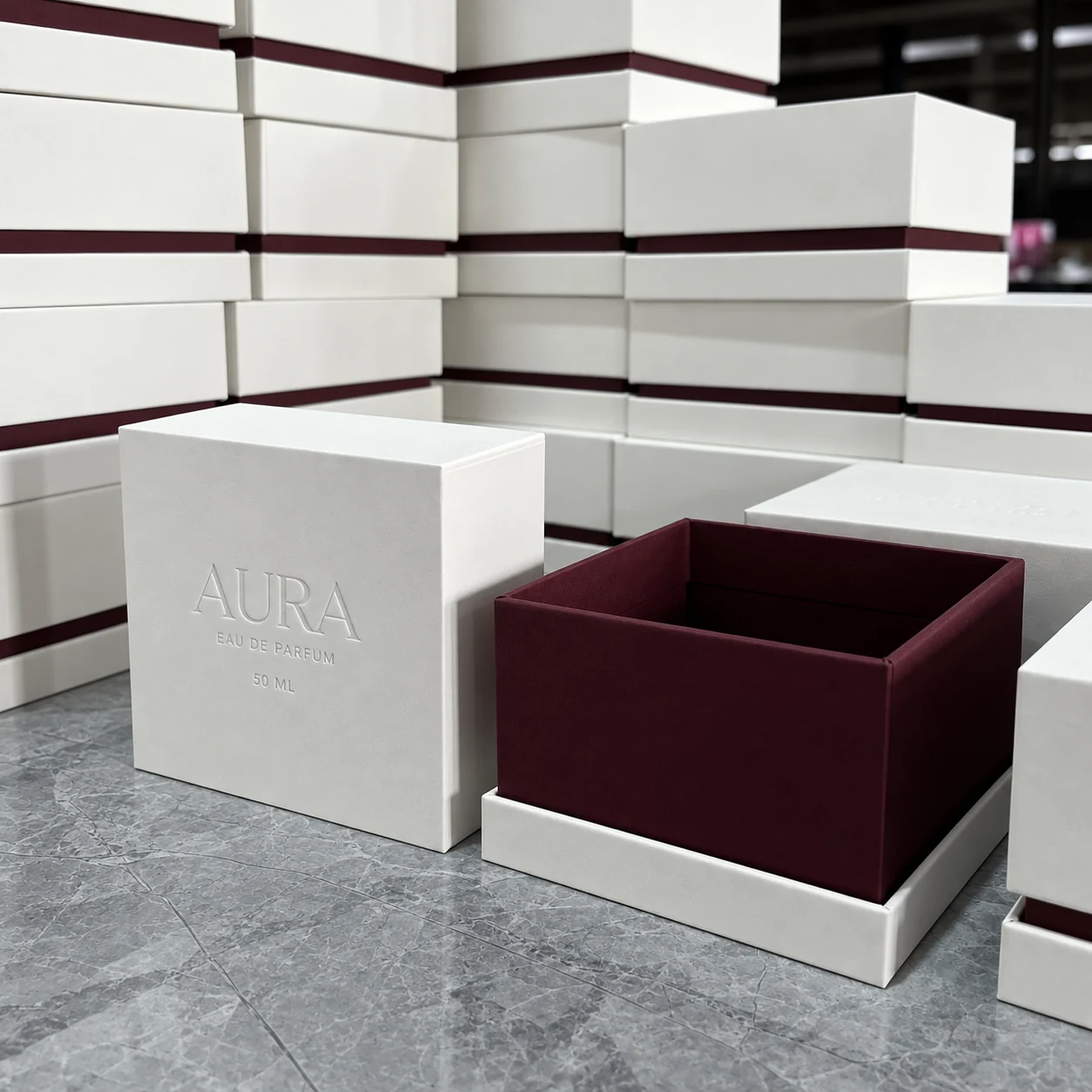 Open ivory perfume box with burgundy inner tray