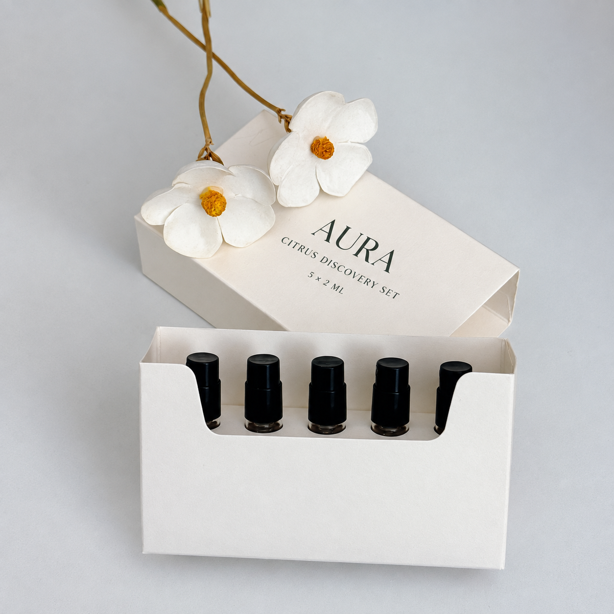 Ivory perfume discovery set box with five fitted vial slots