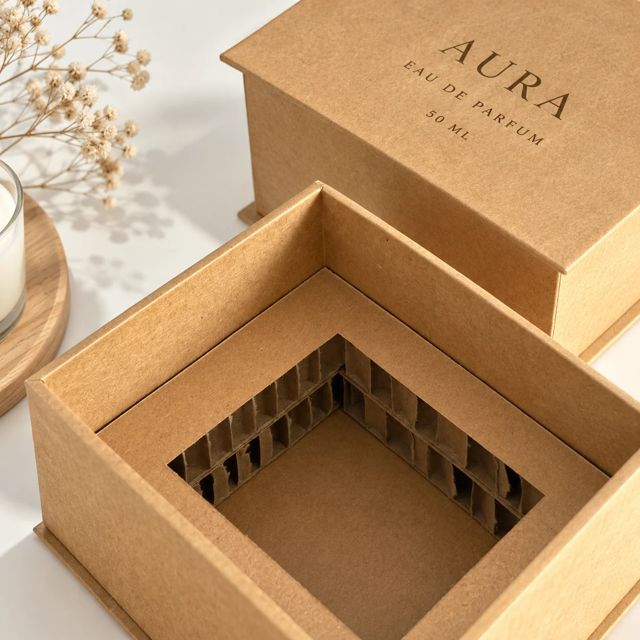 Open kraft book-style perfume box with honeycomb insert
