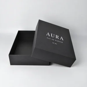 Matte black lid and base perfume box open view