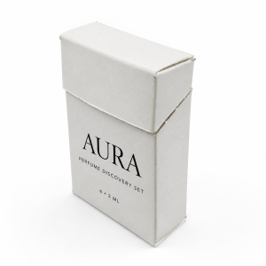 Closed white flip-top perfume discovery box for six 2ml vials