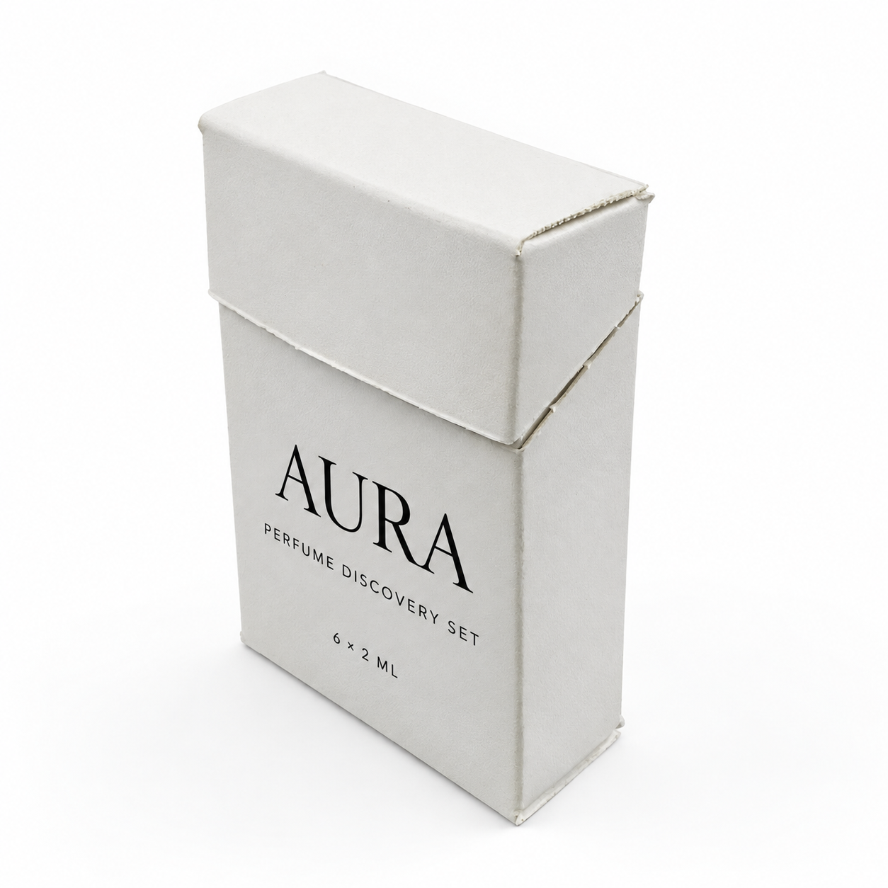 White flip-top perfume discovery box for six vials
