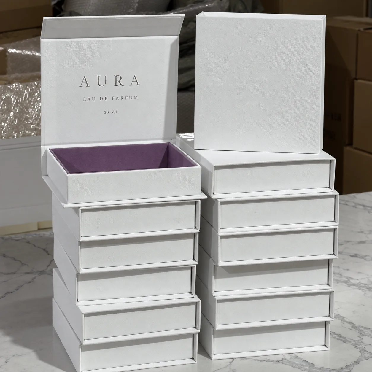 White lavender book-style perfume box