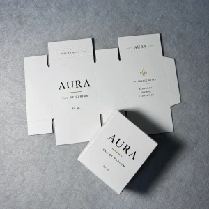 White tear-strip folding perfume carton box with flat dieline