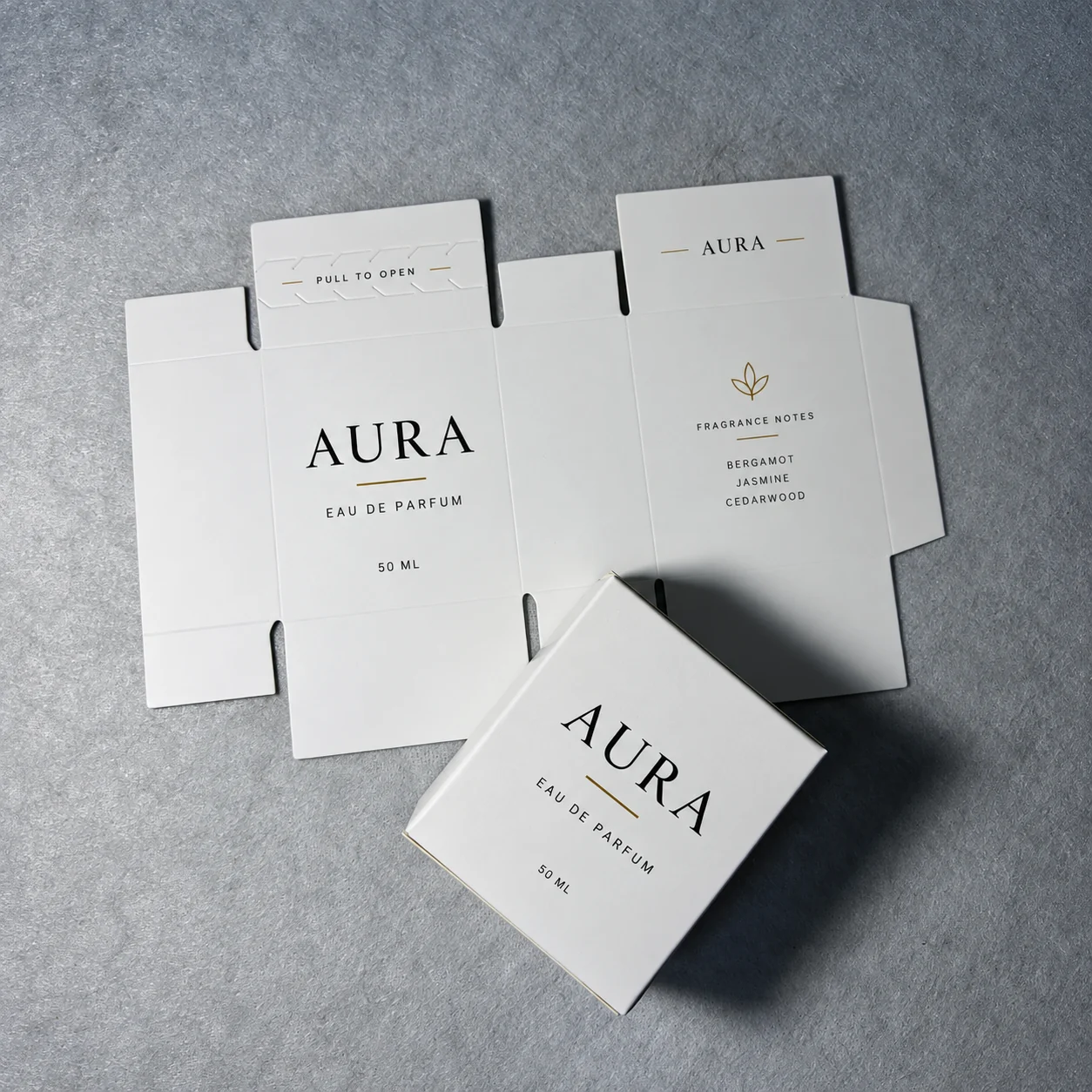 White tear-strip folding perfume carton box with flat dieline