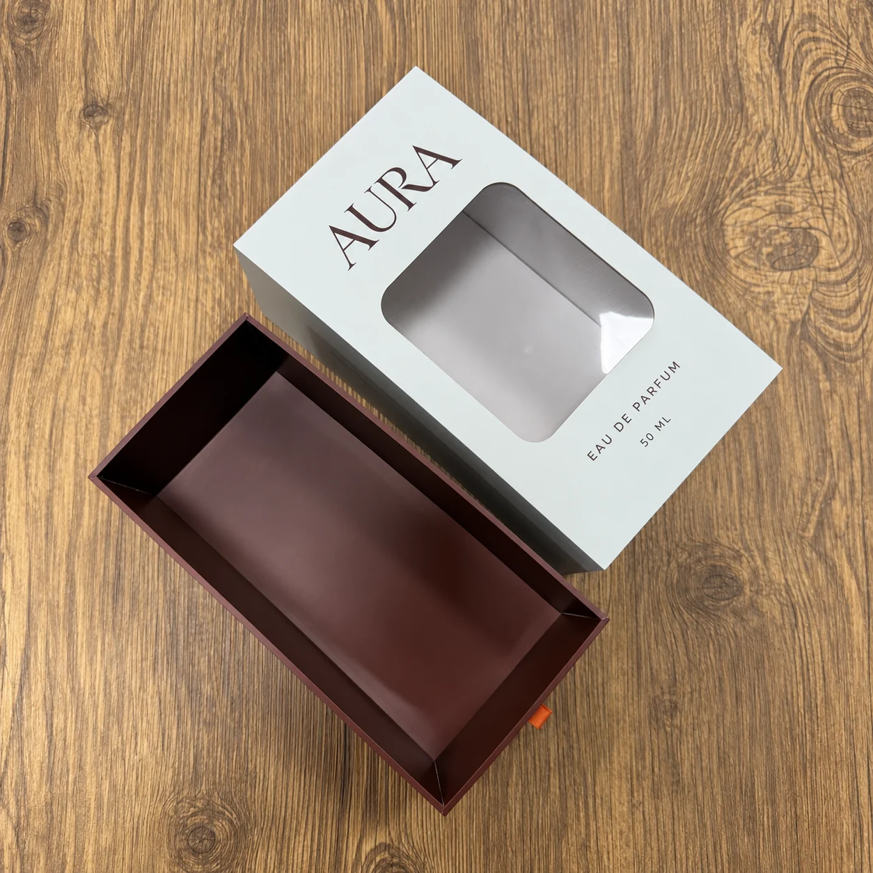 White window rigid drawer perfume box with burgundy tray