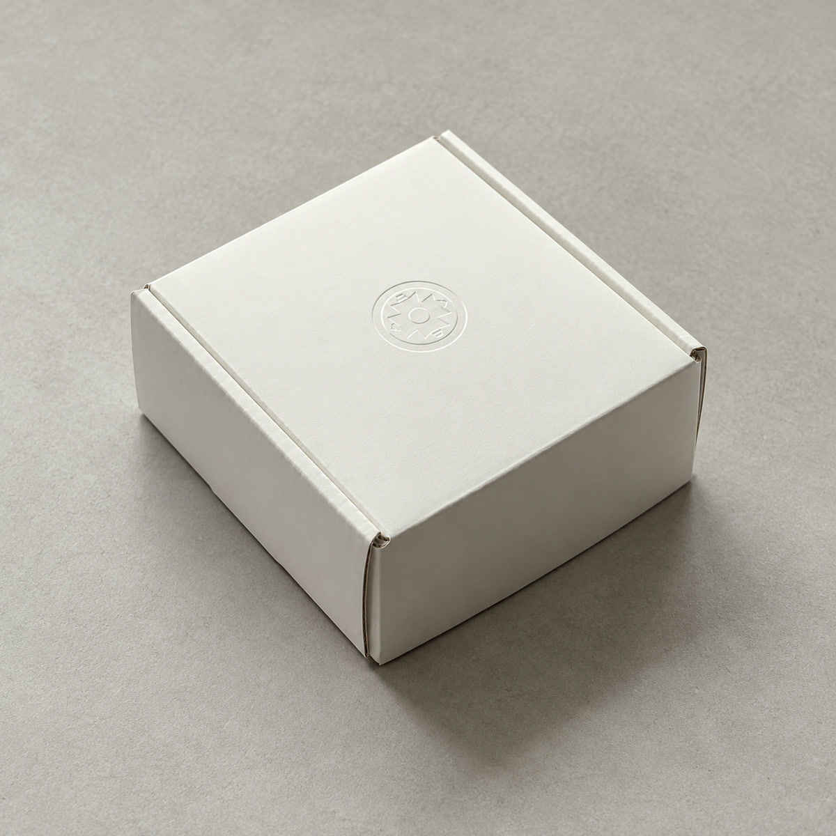 White Blind-Imprint Fold-Flat Mailer Box: closed box showing the exterior printing and lid