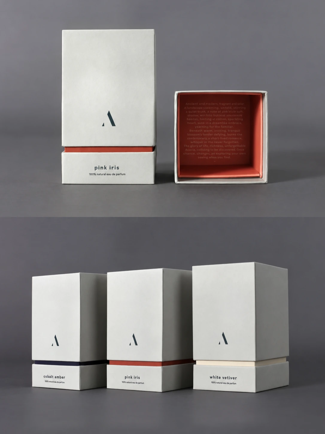Perfume gift boxes with contrasting interiors and variant colors