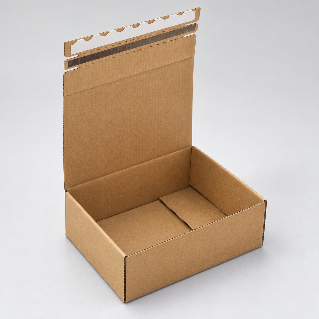 Kraft Tear-Strip Shipping Box with Black Wordmark: folding the open box and its sealing flap