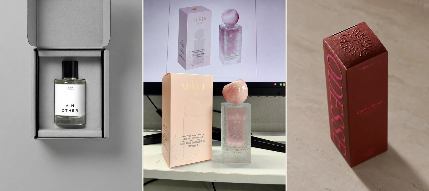 Perfume packaging collage showing a fitted insert, a matching bottle and carton, and an embossed box