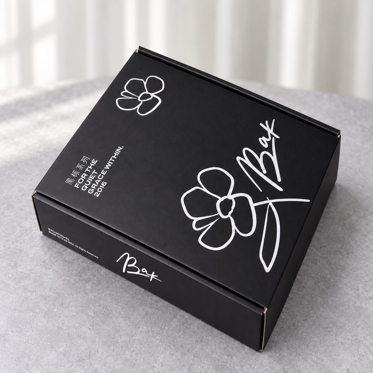 Black Floral Print Mailer Box with White Interior: closed box showing the exterior printing and lid
