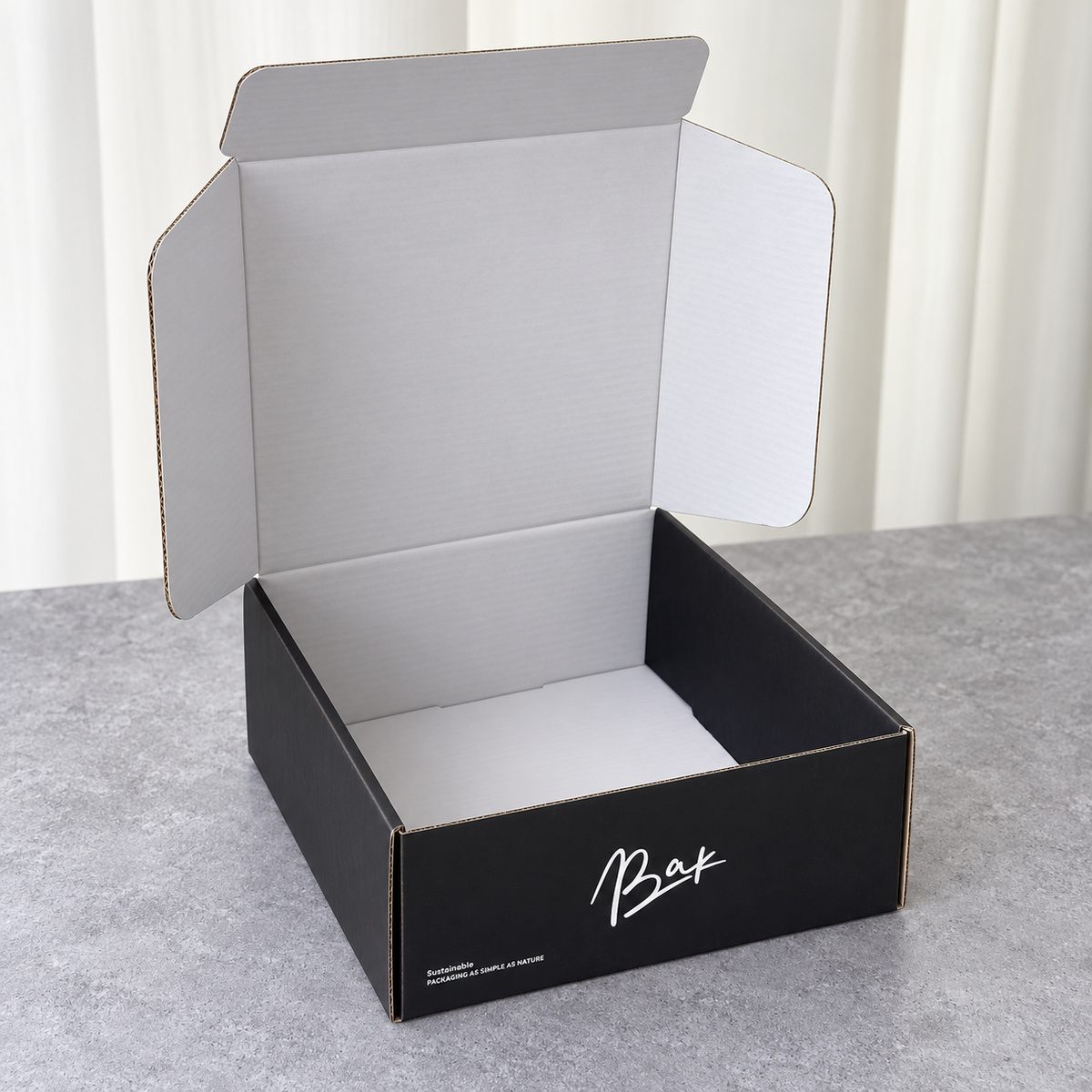 Black Floral Print Mailer Box with White Interior: open box showing the interior and folding lid structure
