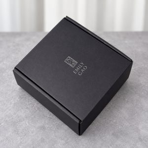 Charcoal Mailer Box with Silver-Tone Logo: closed box showing the exterior printing and lid