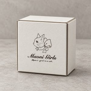 Ivory tab-lock folding gift box with original cat artwork, closed studio display