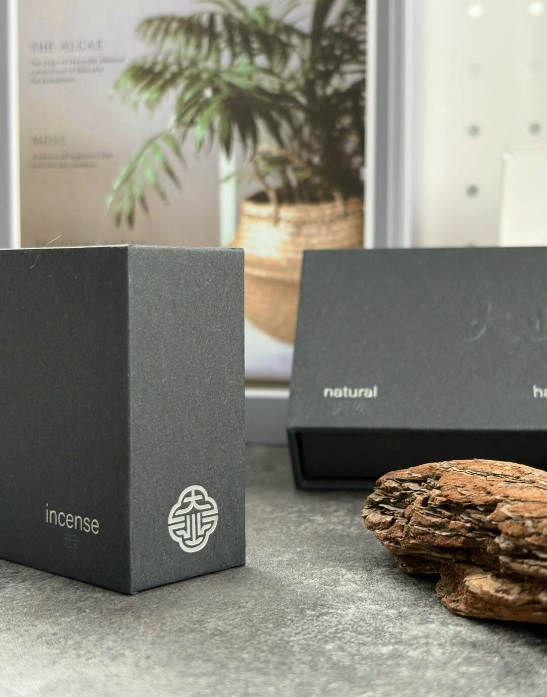 Charcoal Sliding Incense Box with Pull Tab: textured charcoal paper and light lettering