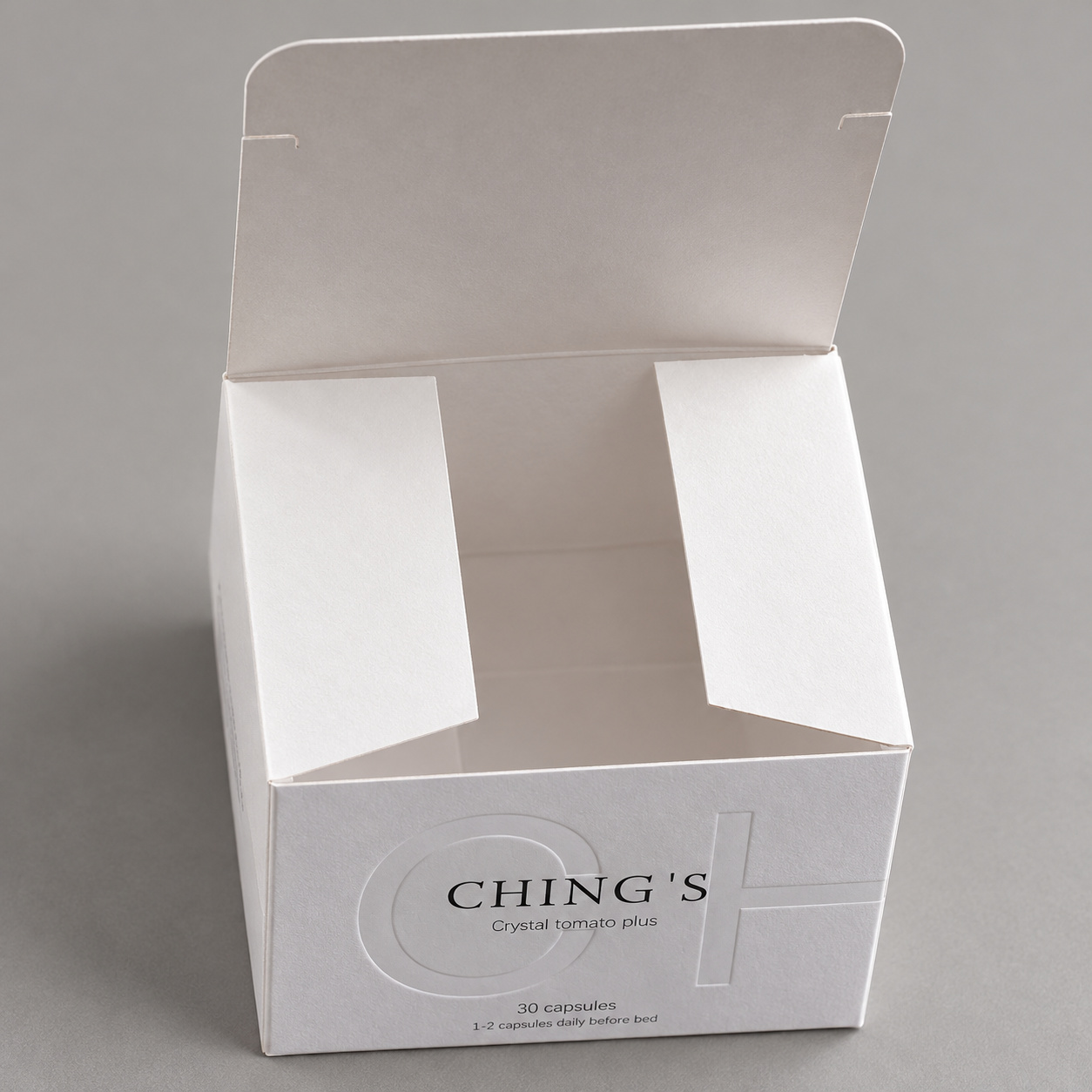 White Debossed Folding Carton Gift Box: open white inner base with tuck-in lid and folding side panels