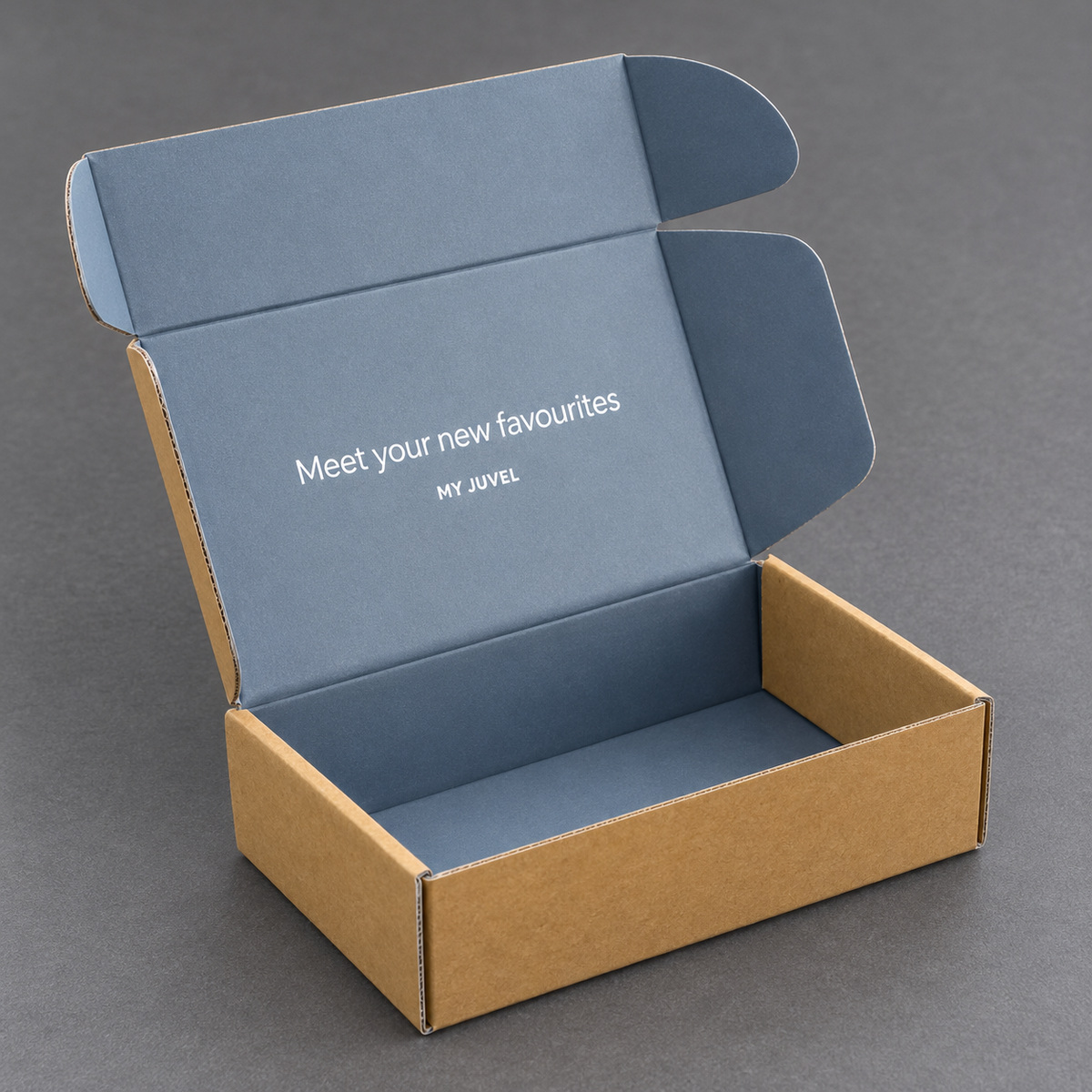 Open kraft mailer with blue-gray inner lid and base and white printed message