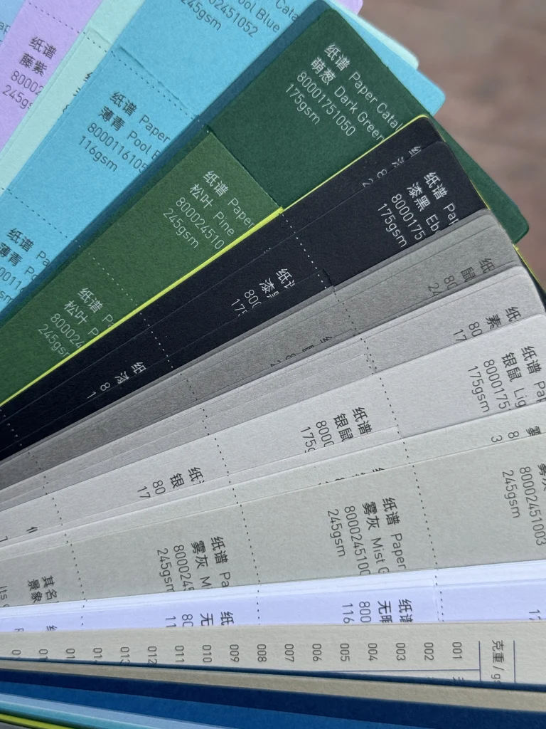 Dark green, black and gray cardstock with printed specifications