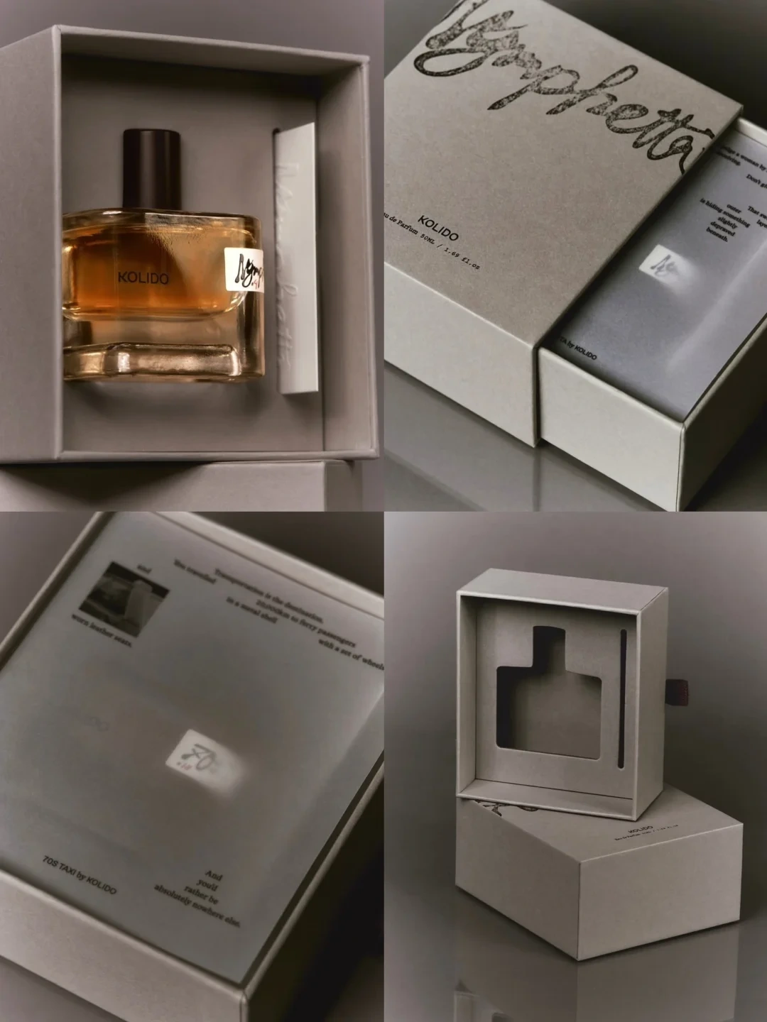 Perfume bottle, drawer carton, fitted insert and information card shown in four views