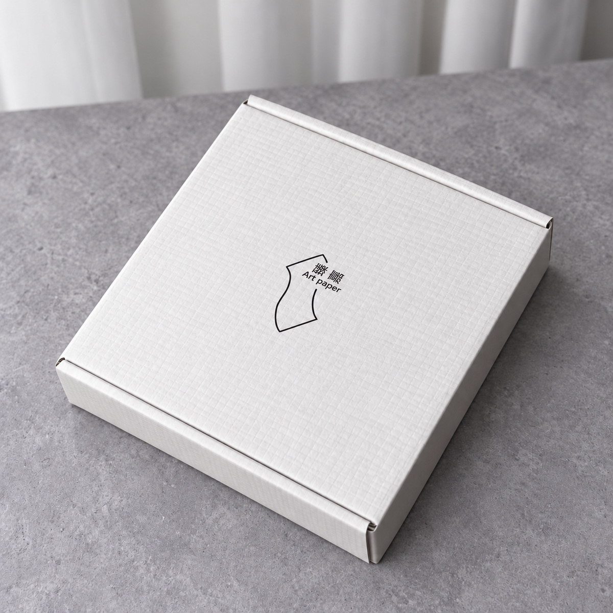 White Linen-Texture Paper Mailer Box: closed box showing the exterior printing and lid