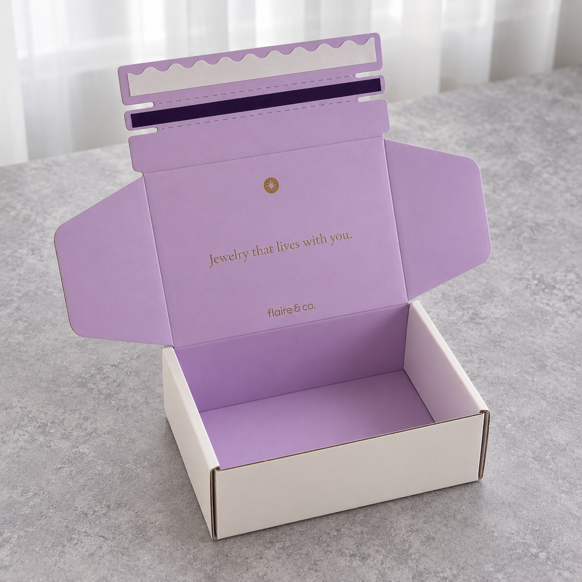 White Tear-Strip Mailer Box with Lavender Interior: reference view of the folding box
